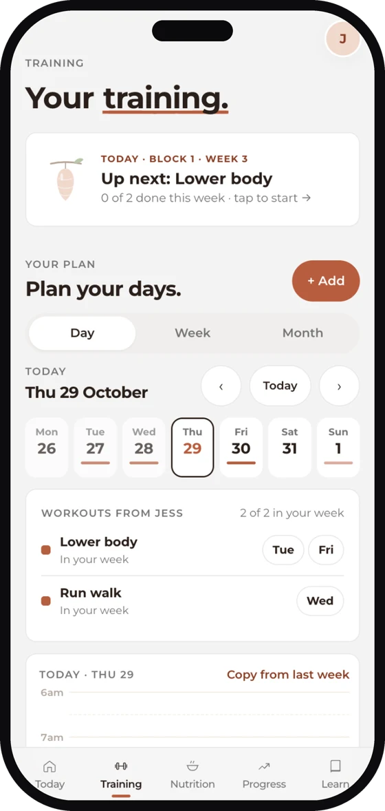 Your training week in CBJL Home, with Jess's workouts placed on your days